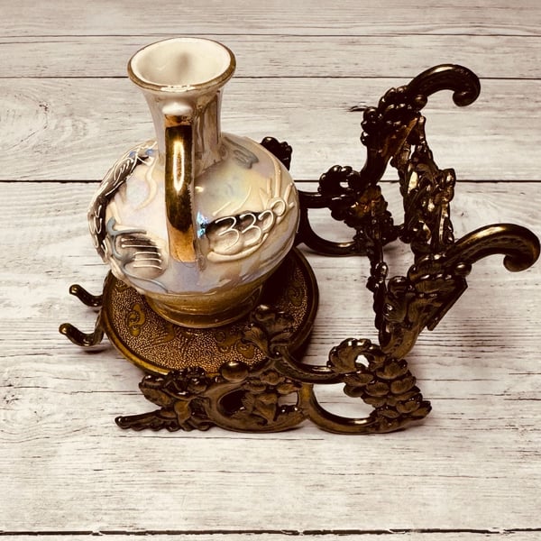 Vintage Dragon Ewer and Stand Set with Iridescent Glaze and Brass Base