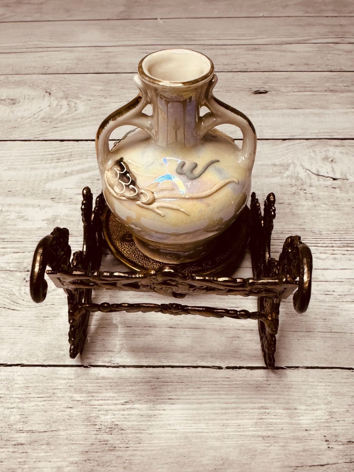 Vintage Dragon Ewer and Stand Set with Iridescent Glaze and Brass Base 2