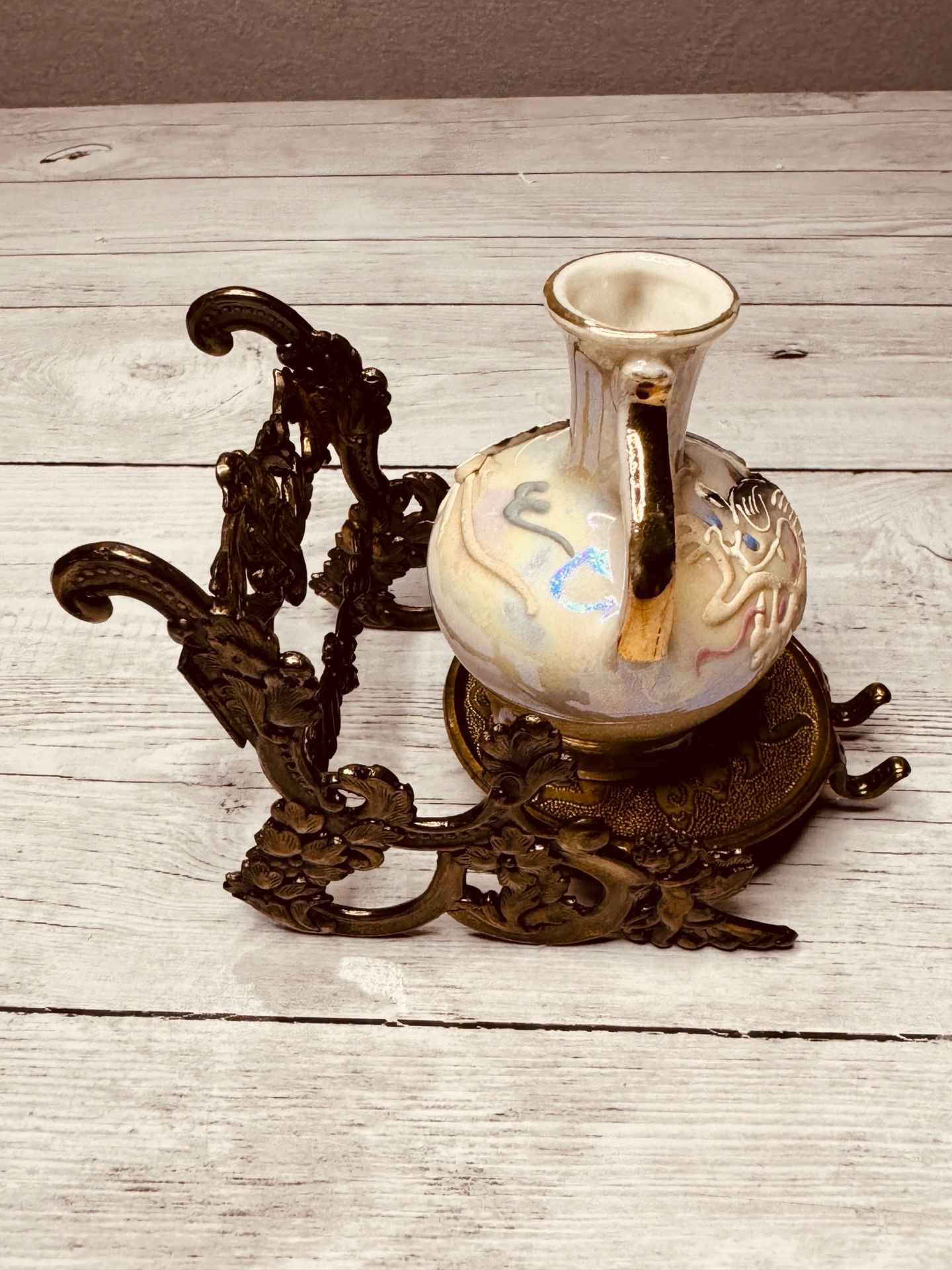 Vintage Dragon Ewer and Stand Set with Iridescent Glaze and Brass Base 3