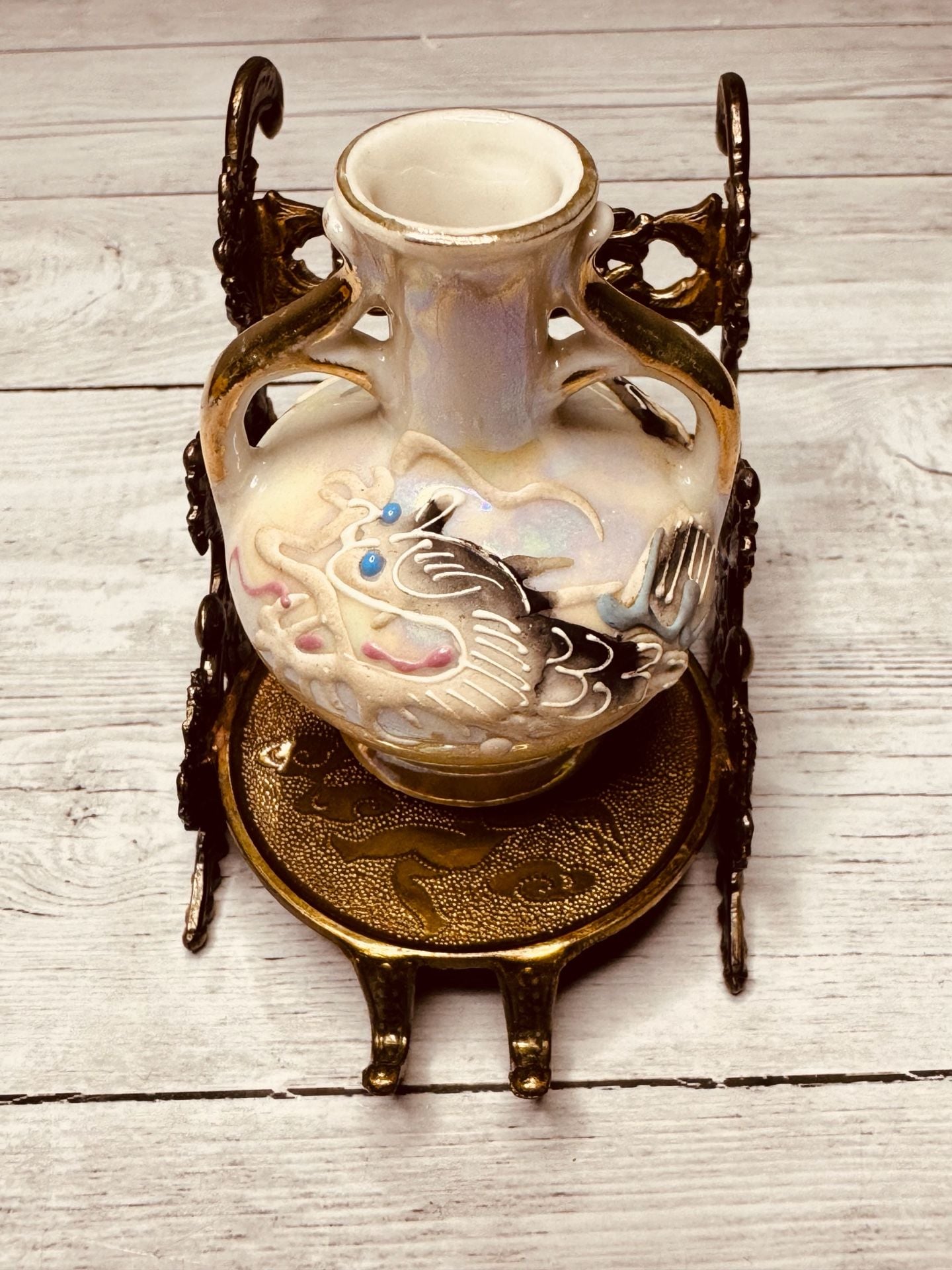 Vintage Dragon Ewer and Stand Set with Iridescent Glaze and Brass Base 4