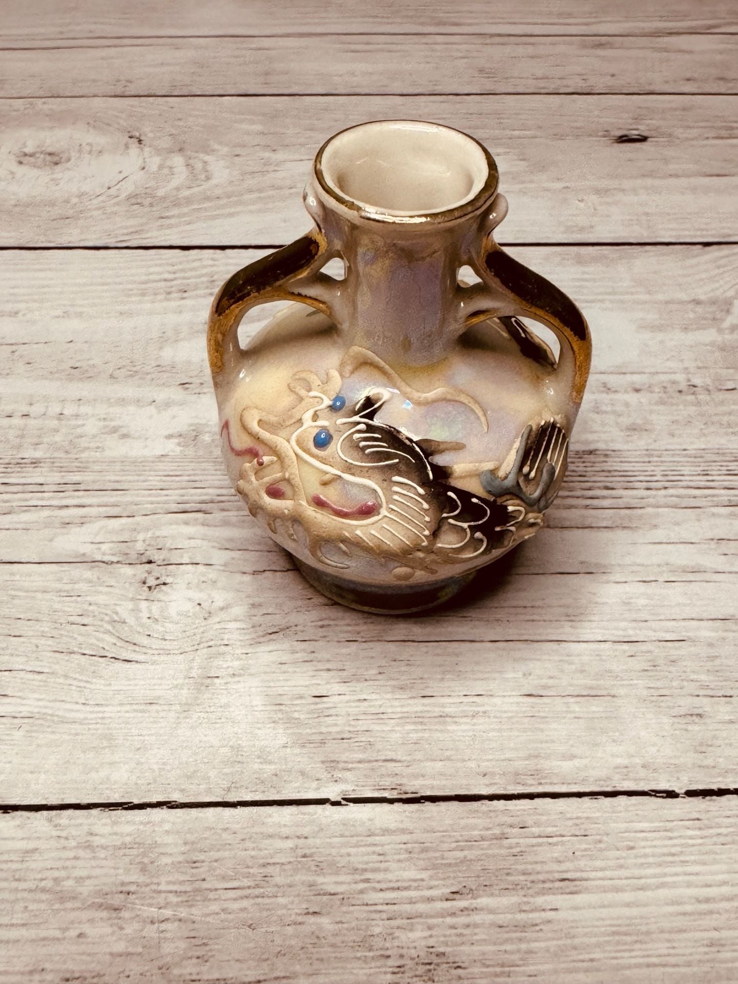 Vintage Dragon Ewer and Stand Set with Iridescent Glaze and Brass Base 8