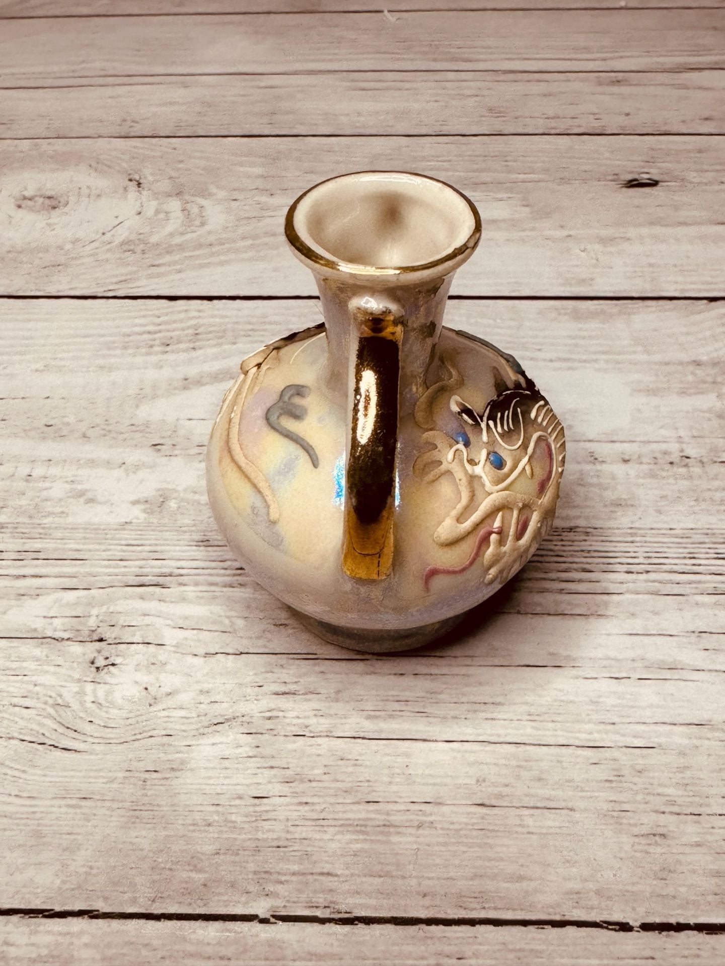 Vintage Dragon Ewer and Stand Set with Iridescent Glaze and Brass Base 11