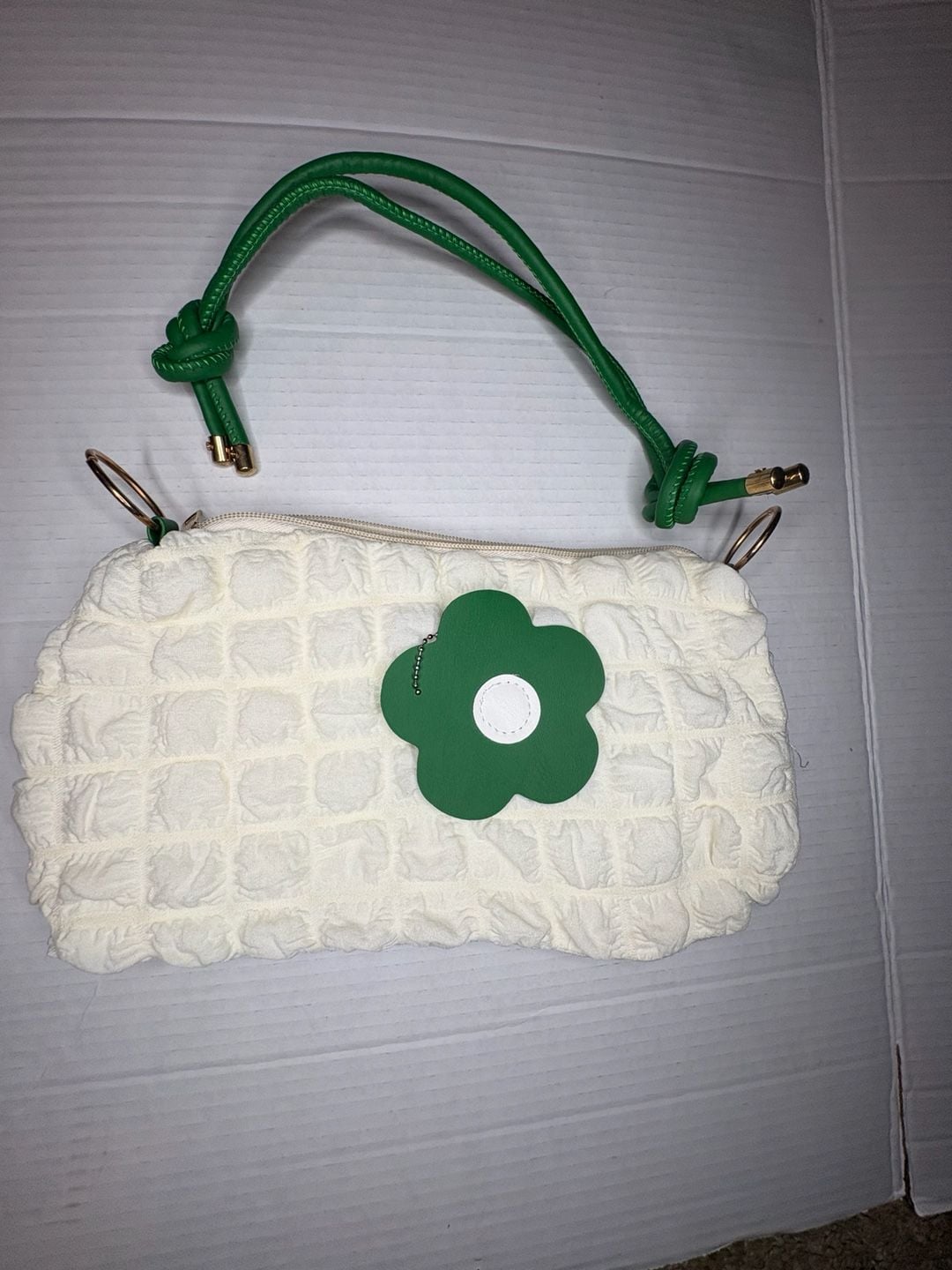 White and Green Quilted Flower Crossbody Bag 2