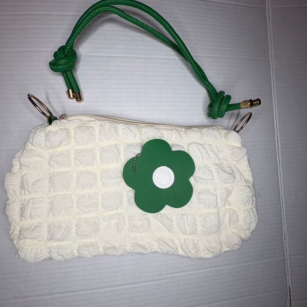 White and Green Quilted Flower Crossbody Bag