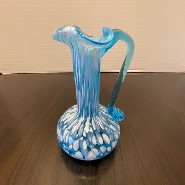Vintage Handblown Small Aqua Blue/Turquoise Midcentury Pilgrim Glass Pitcher
