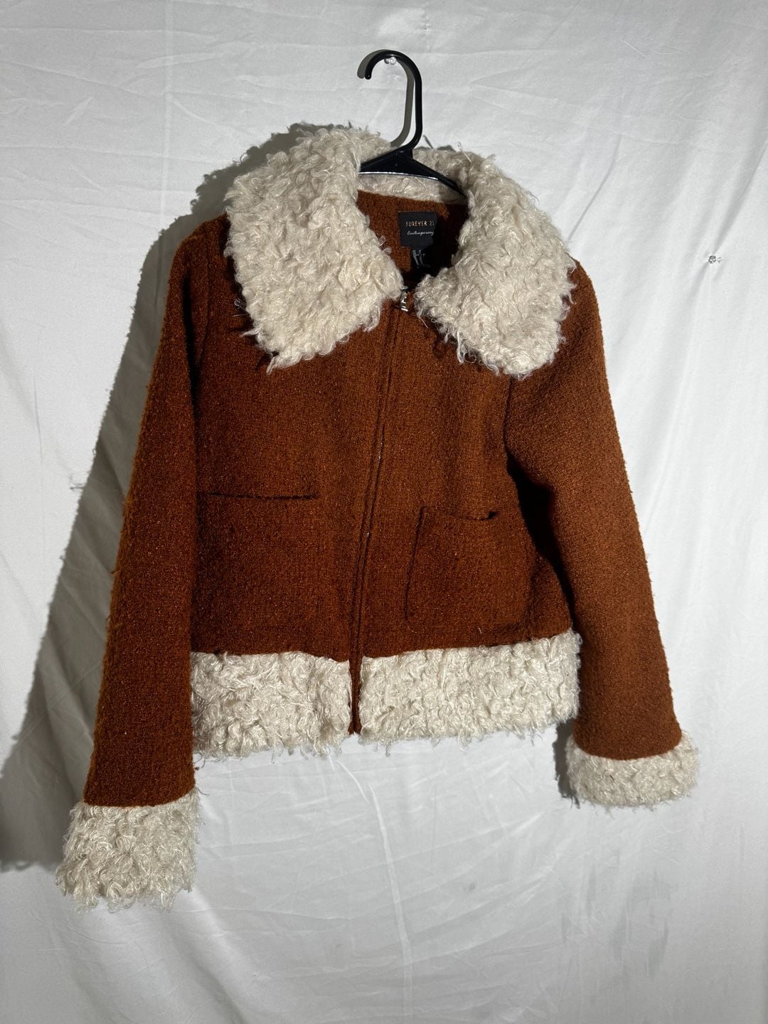 Penny Lane Forever 21 Womens Jacket Sherpa Collar Zip Cropped Rust Brown Medium 2