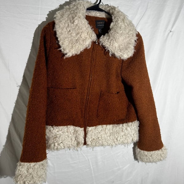 Penny Lane Forever 21 Womens Jacket Sherpa Collar Zip Cropped Rust Brown Medium