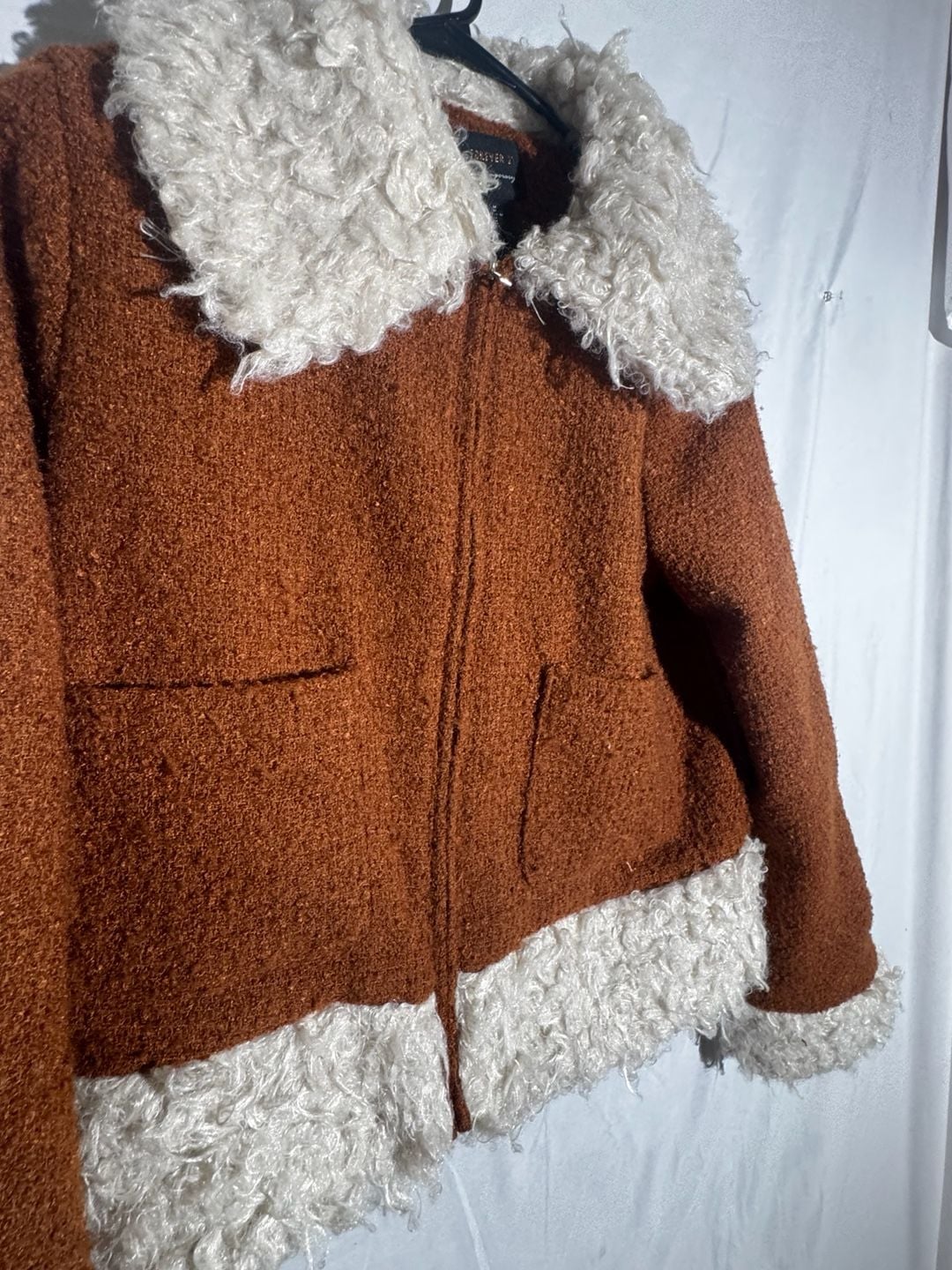 Penny Lane Forever 21 Womens Jacket Sherpa Collar Zip Cropped Rust Brown Medium 3