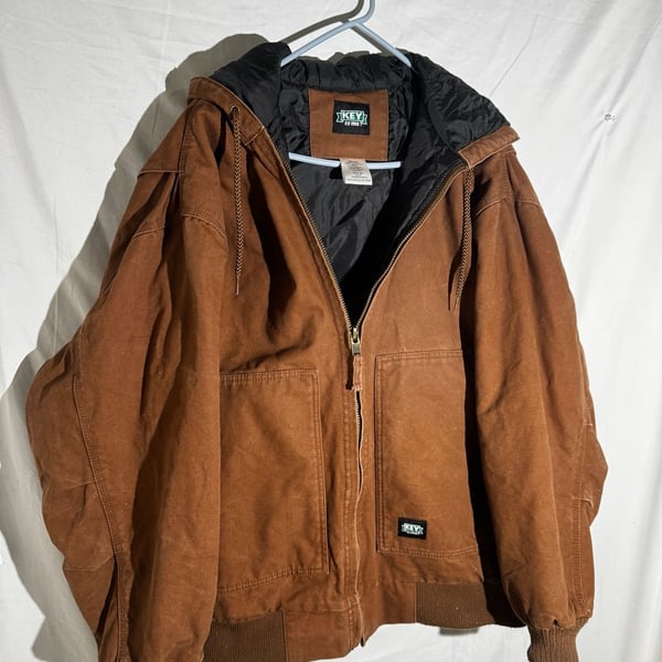 KEY Mens Jacket Canvas Hooded Quilted Workwear Insulated Brown 2XLR