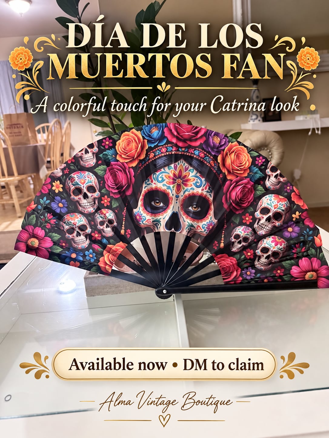 Dia de los Muertos Folding Hand Fan Sugar Skull Floral 1