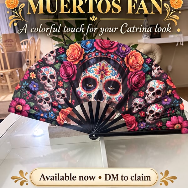 Dia de los Muertos Folding Hand Fan Sugar Skull Floral