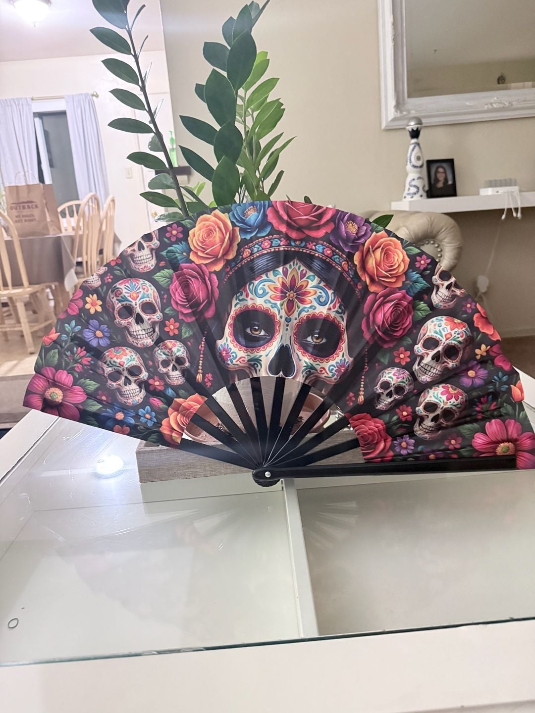 Dia de los Muertos Folding Hand Fan Sugar Skull Floral 2