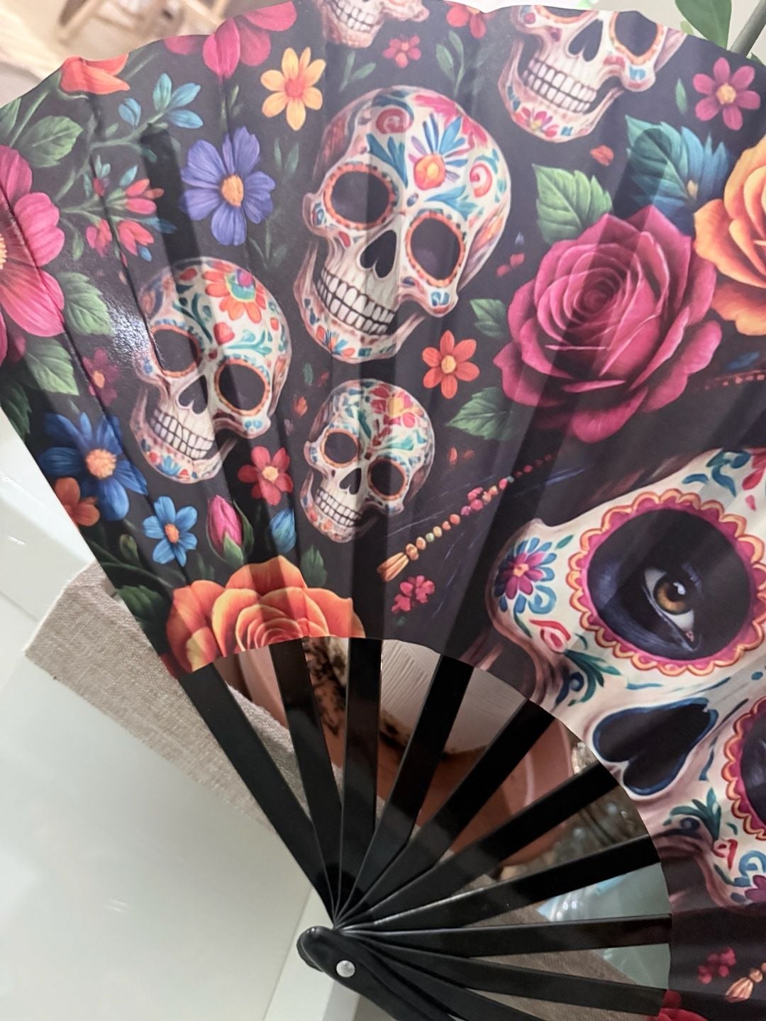 Dia de los Muertos Folding Hand Fan Sugar Skull Floral 3