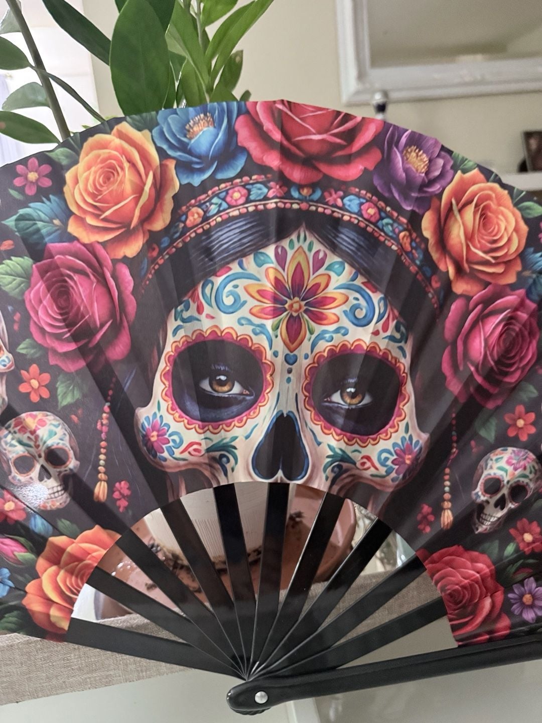Dia de los Muertos Folding Hand Fan Sugar Skull Floral 4