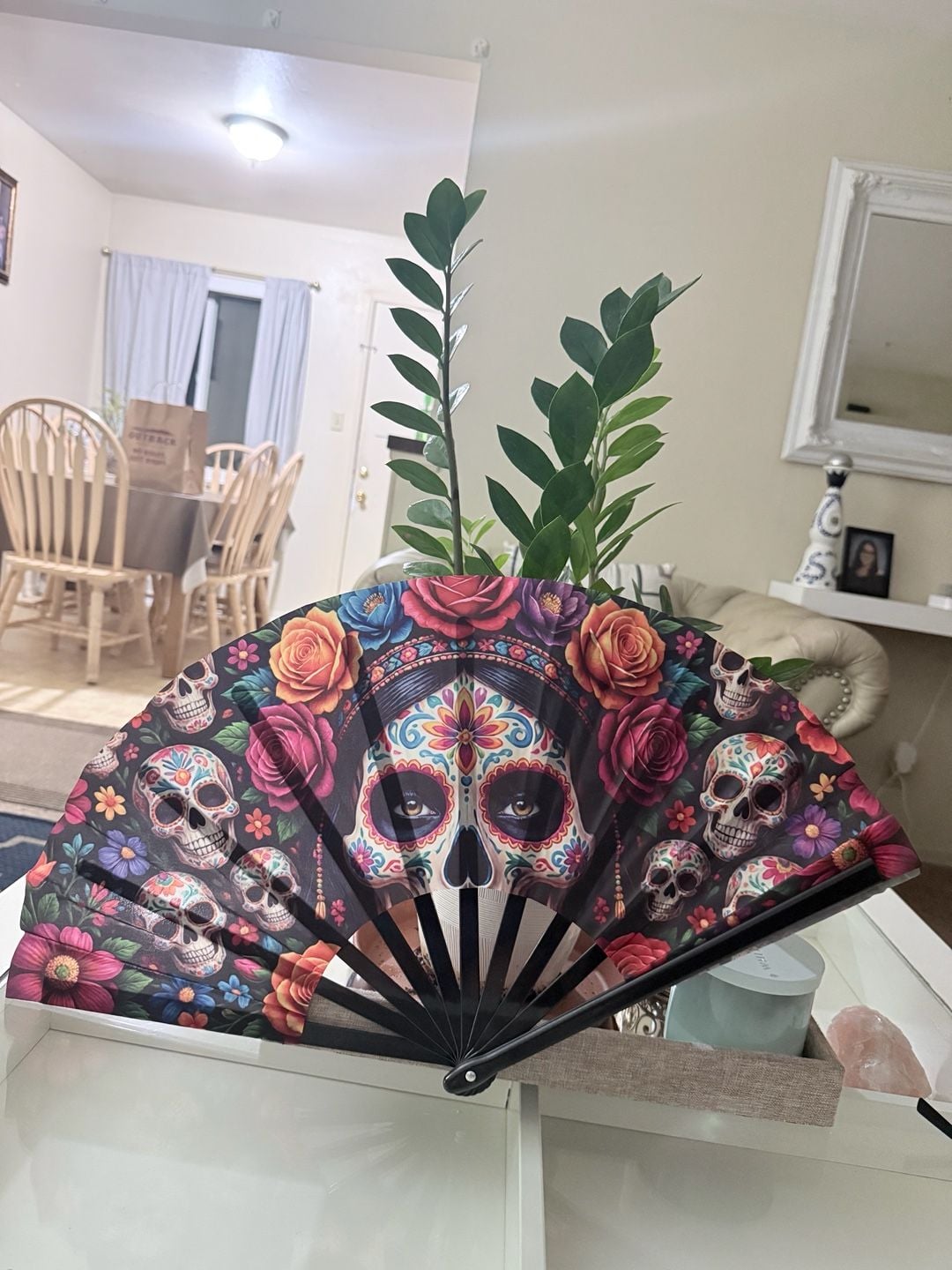 Dia de los Muertos Folding Hand Fan Sugar Skull Floral 6
