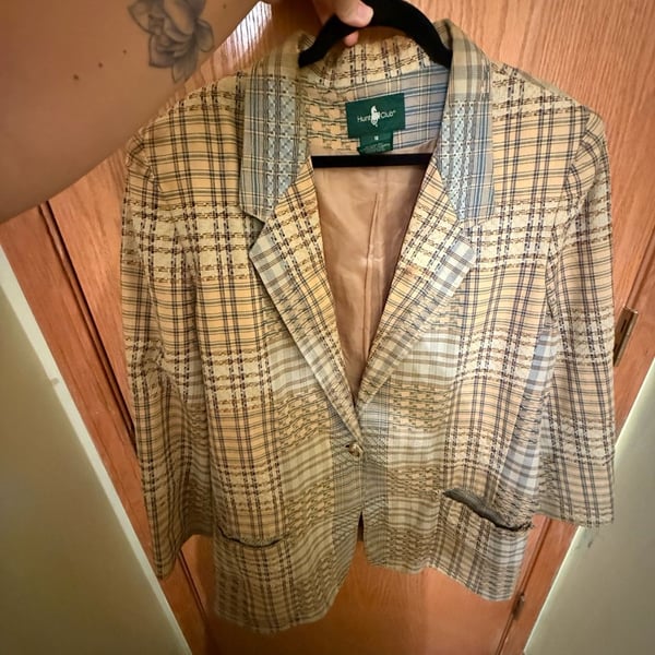 Hunt Club Patchwork Plaid Blazer Size 18 Yellow Blue Vintage Jacket