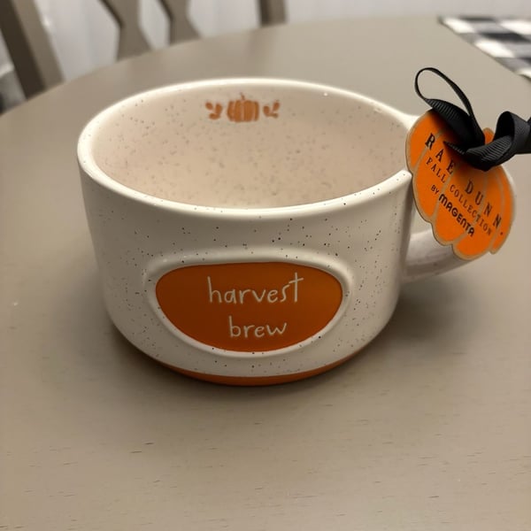 Rae Dunn Harvest Brew Fall Mug White Speckled Orange