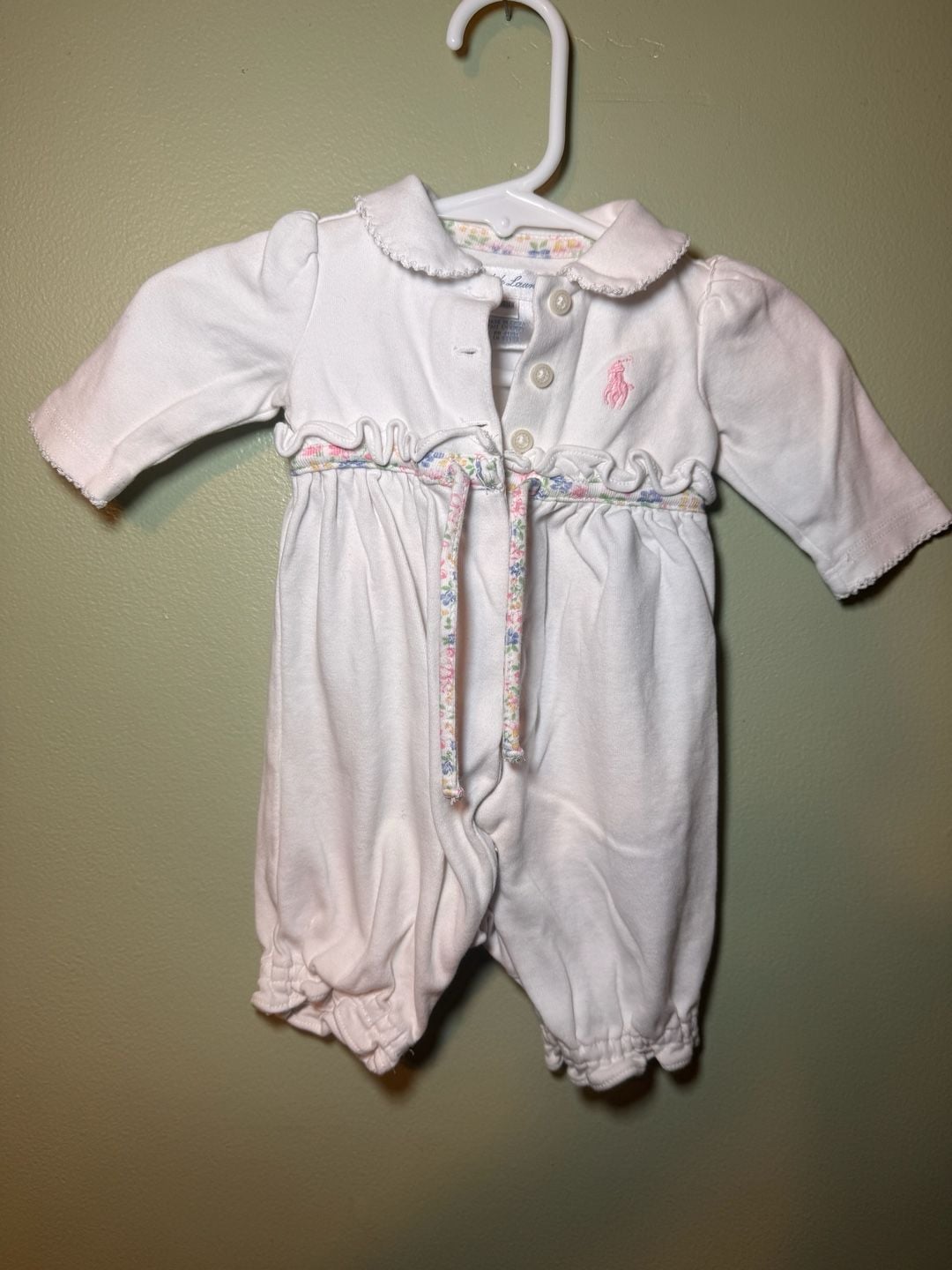 Ralph Lauren Ruffled Cotton Coverall Size Newborn White Floral Trim 2