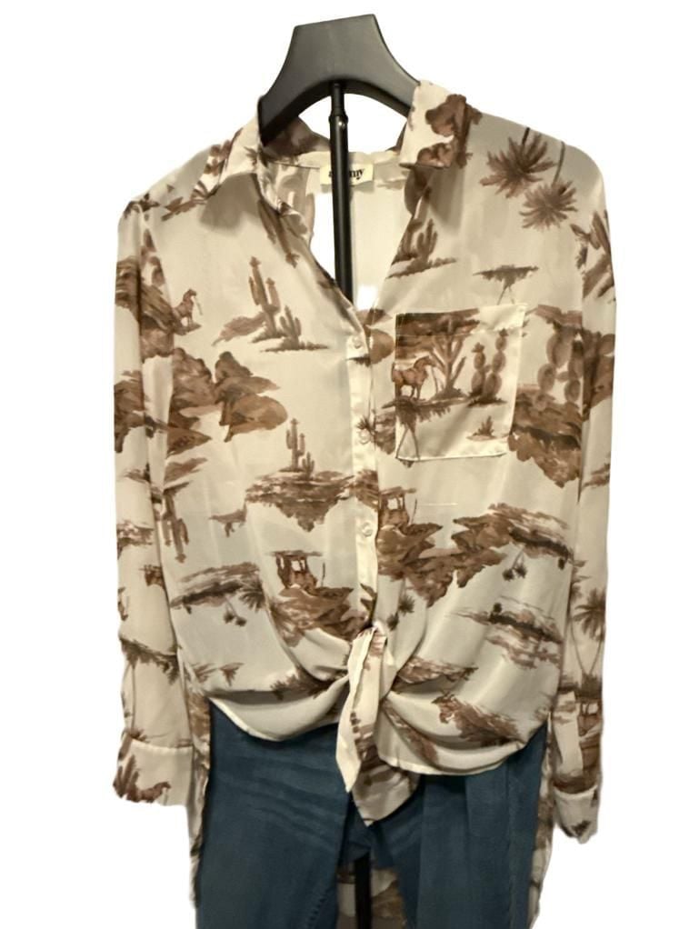 Alkemy Western Desert Print Button Down Shirt Size L Brown Cream 2