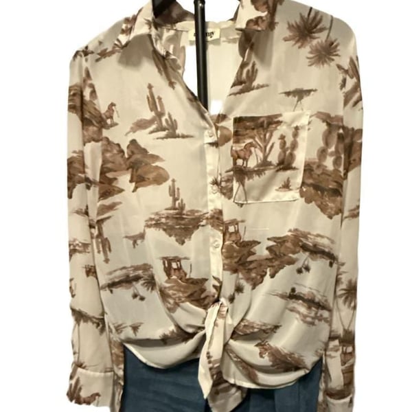 Alkemy Western Desert Print Button Down Shirt Size L Brown Cream