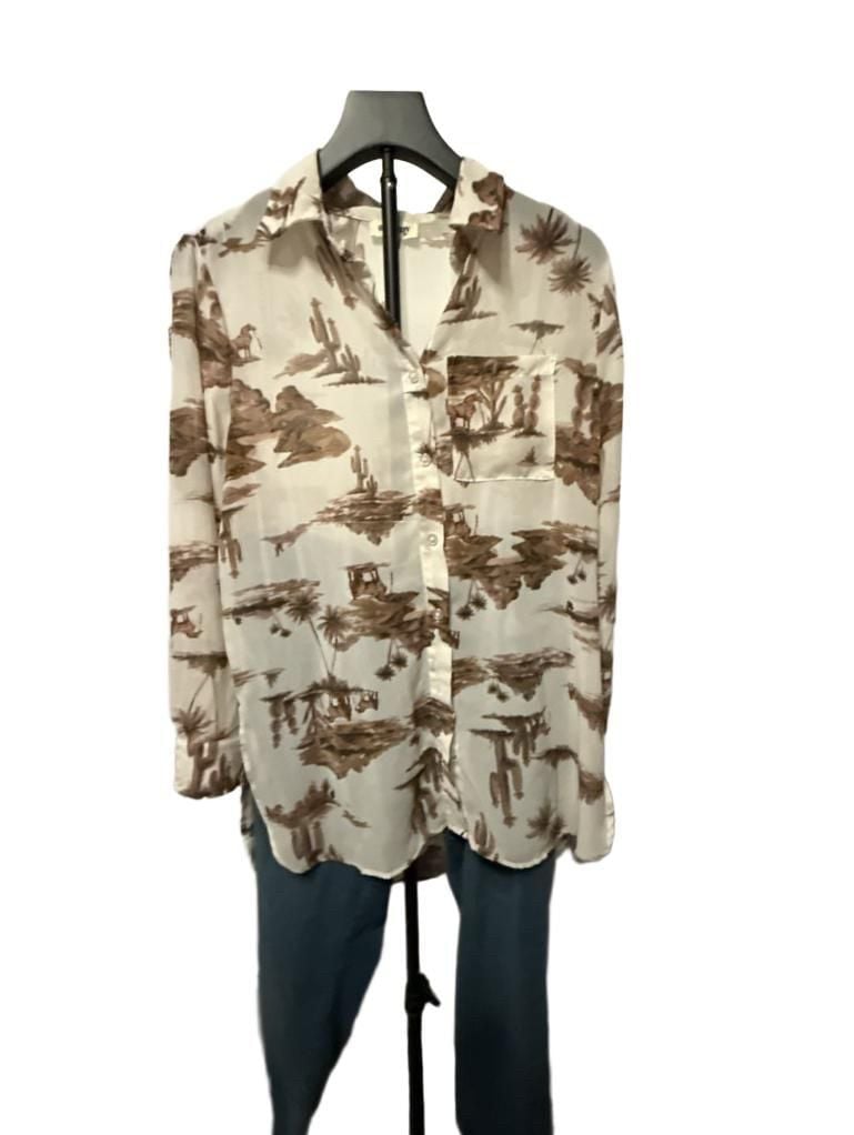 Alkemy Western Desert Print Button Down Shirt Size L Brown Cream 3