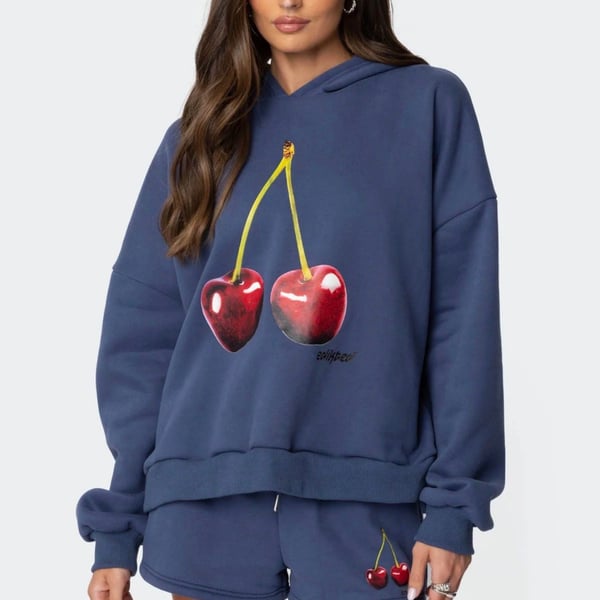 Edikted Mon Cheri Hoodie Blue Cherry Graphic Sweatshirt