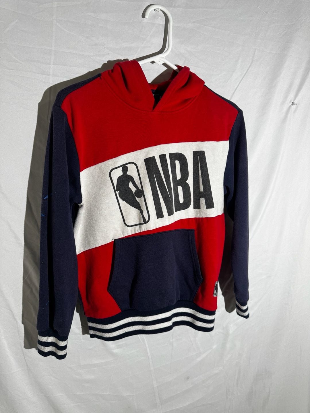 NBA Mens Hoodie Colorblock Logo Striped Cuff Fleece Red Navy Youth 10-12 2