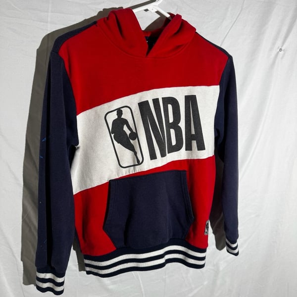 NBA Mens Hoodie Colorblock Logo Striped Cuff Fleece Red Navy Youth 10-12