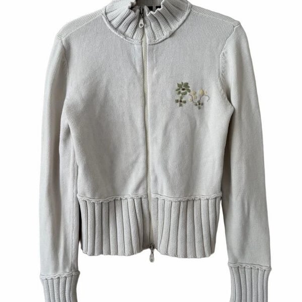 DKNY Jeans Zip Up Cardigan White Floral Embroidered Y2K