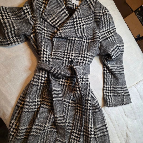 Calvin Klein Plaid Wool Blend Trench Coat Gray Black White XL