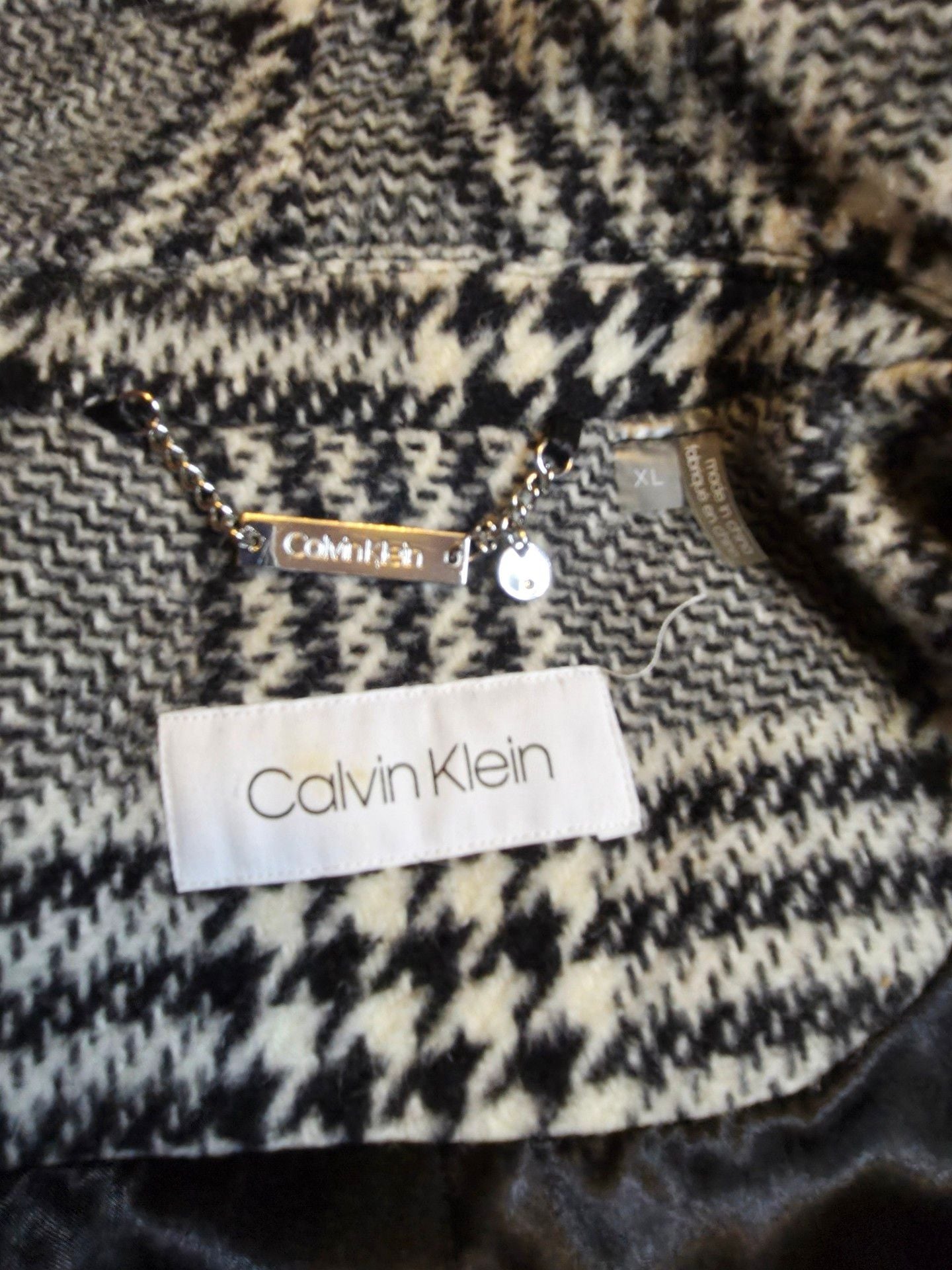Calvin Klein Plaid Wool Blend Trench Coat Gray Black White XL 7