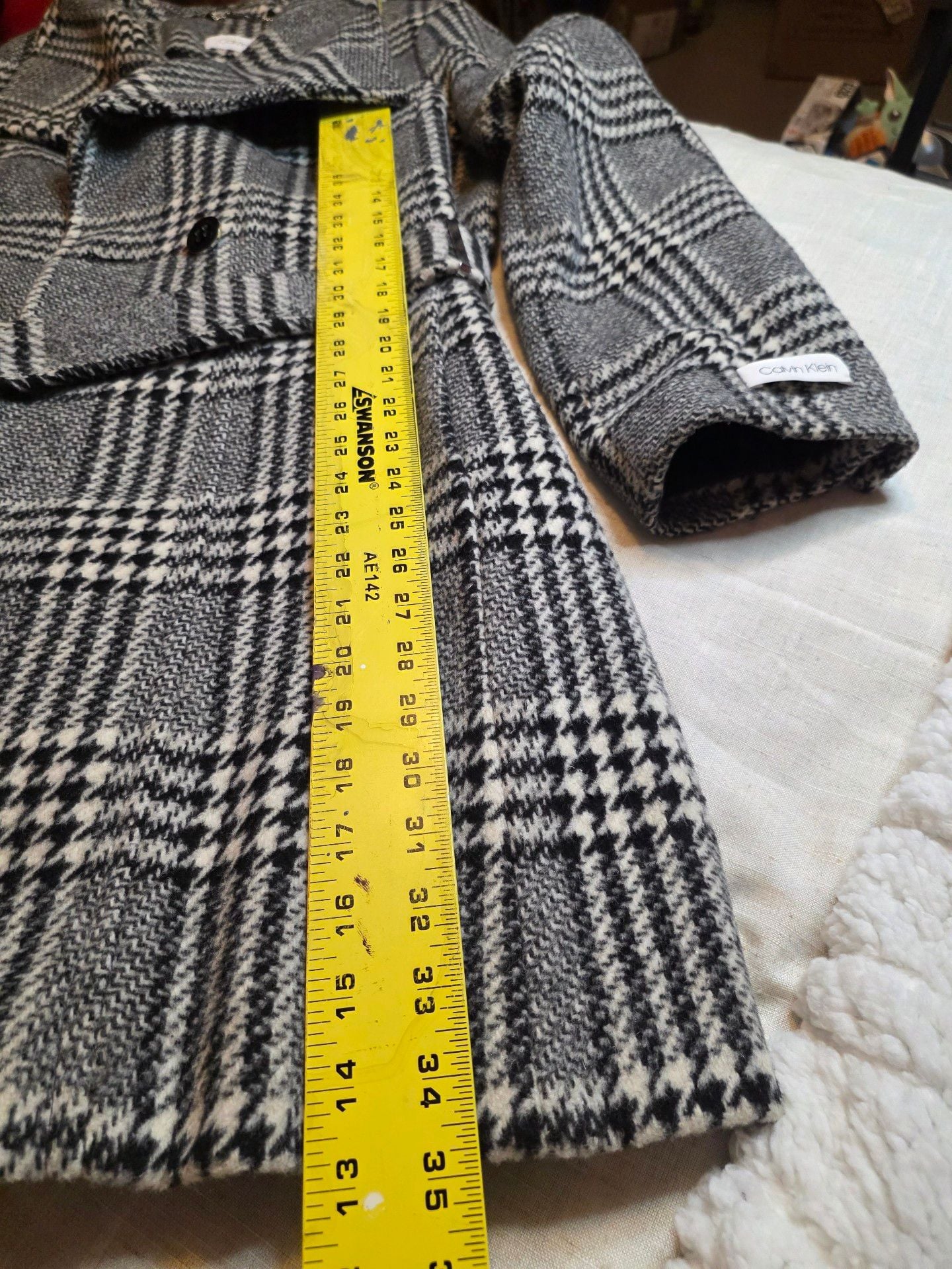 Calvin Klein Plaid Wool Blend Trench Coat Gray Black White XL 9