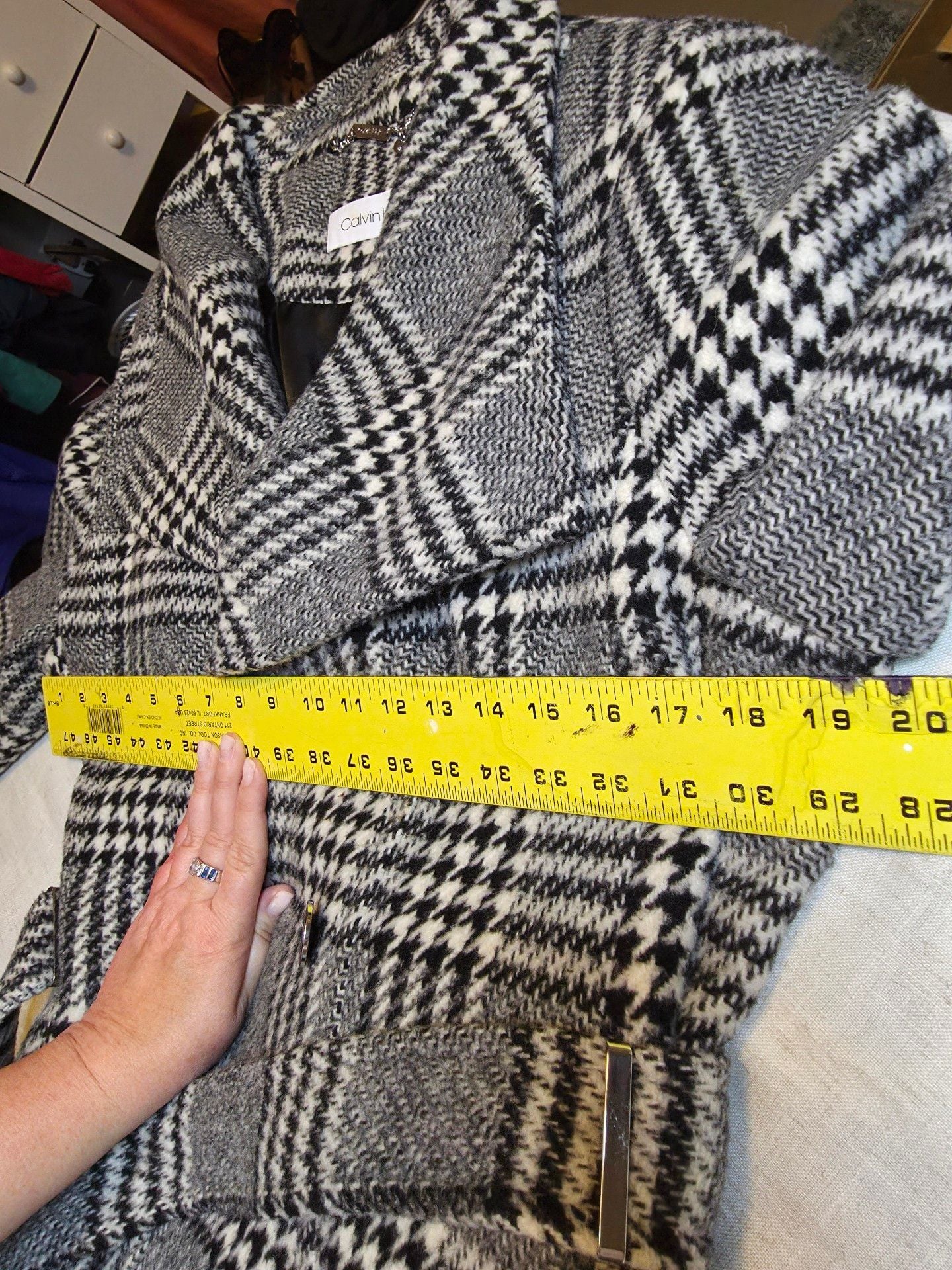 Calvin Klein Plaid Wool Blend Trench Coat Gray Black White XL 10