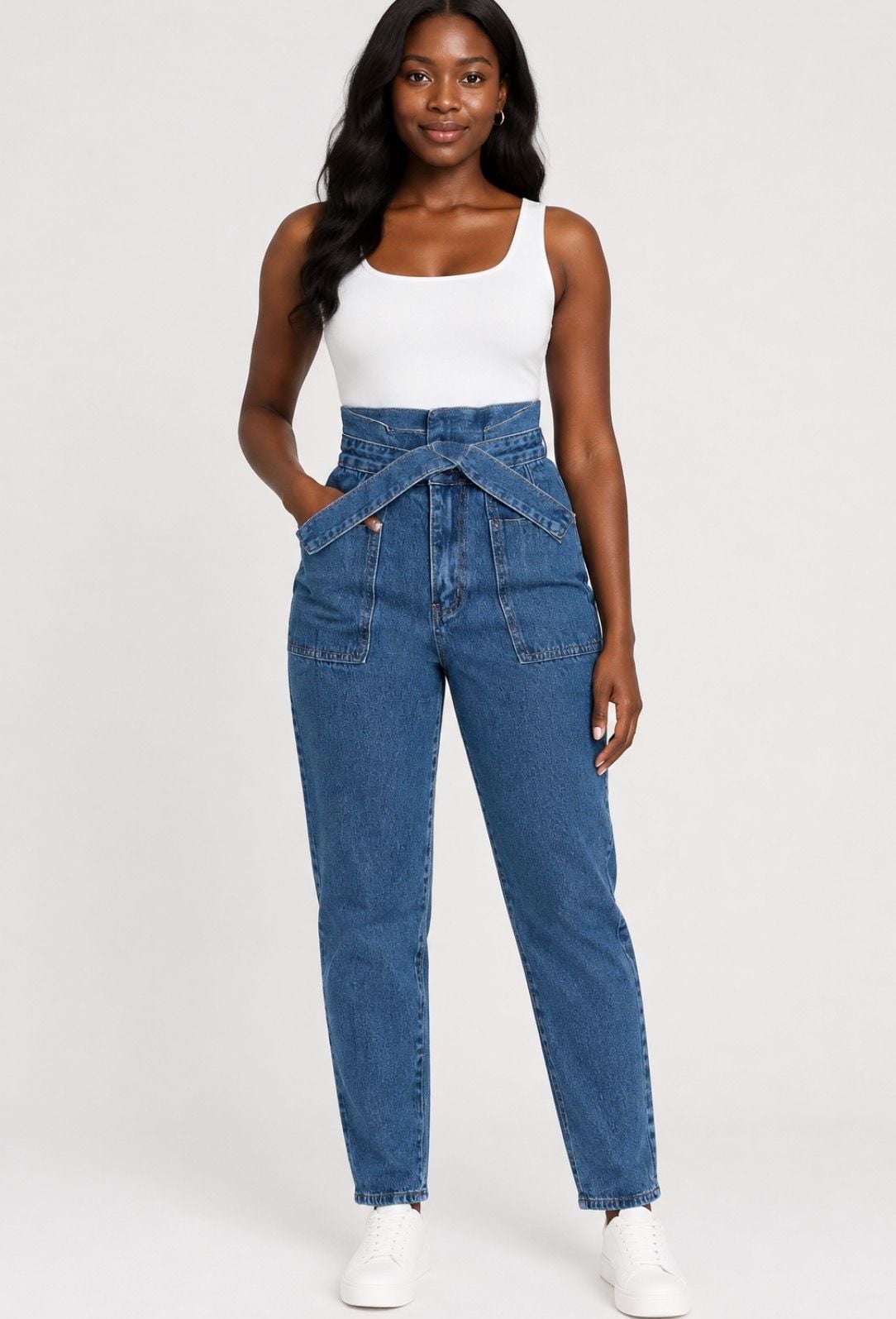 Shein High Waist Belted Jeans Blue Denim 2