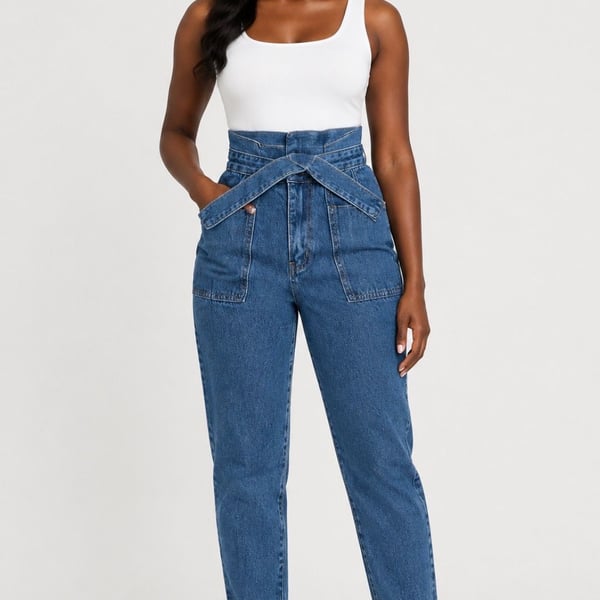Shein High Waist Belted Jeans Blue Denim