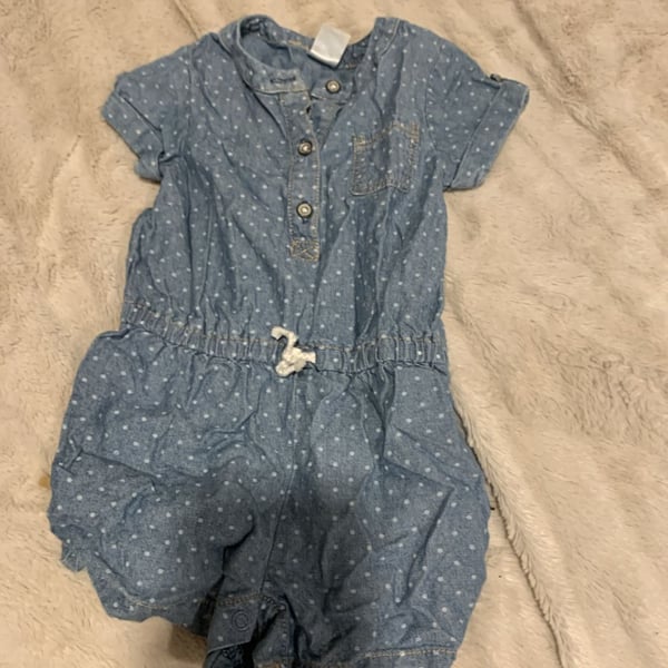 Carter's Denim Romper Size 12 Months Blue White Polka Dot