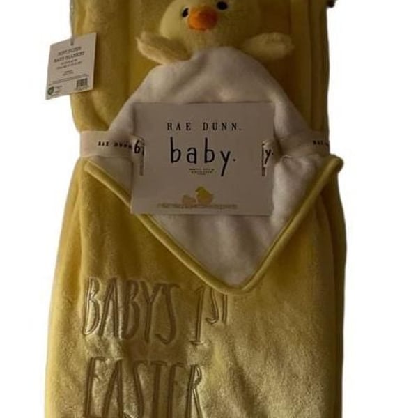 Rae Dunn Baby's 1st Easter Yellow Plush Duck Hooded Baby Blanket