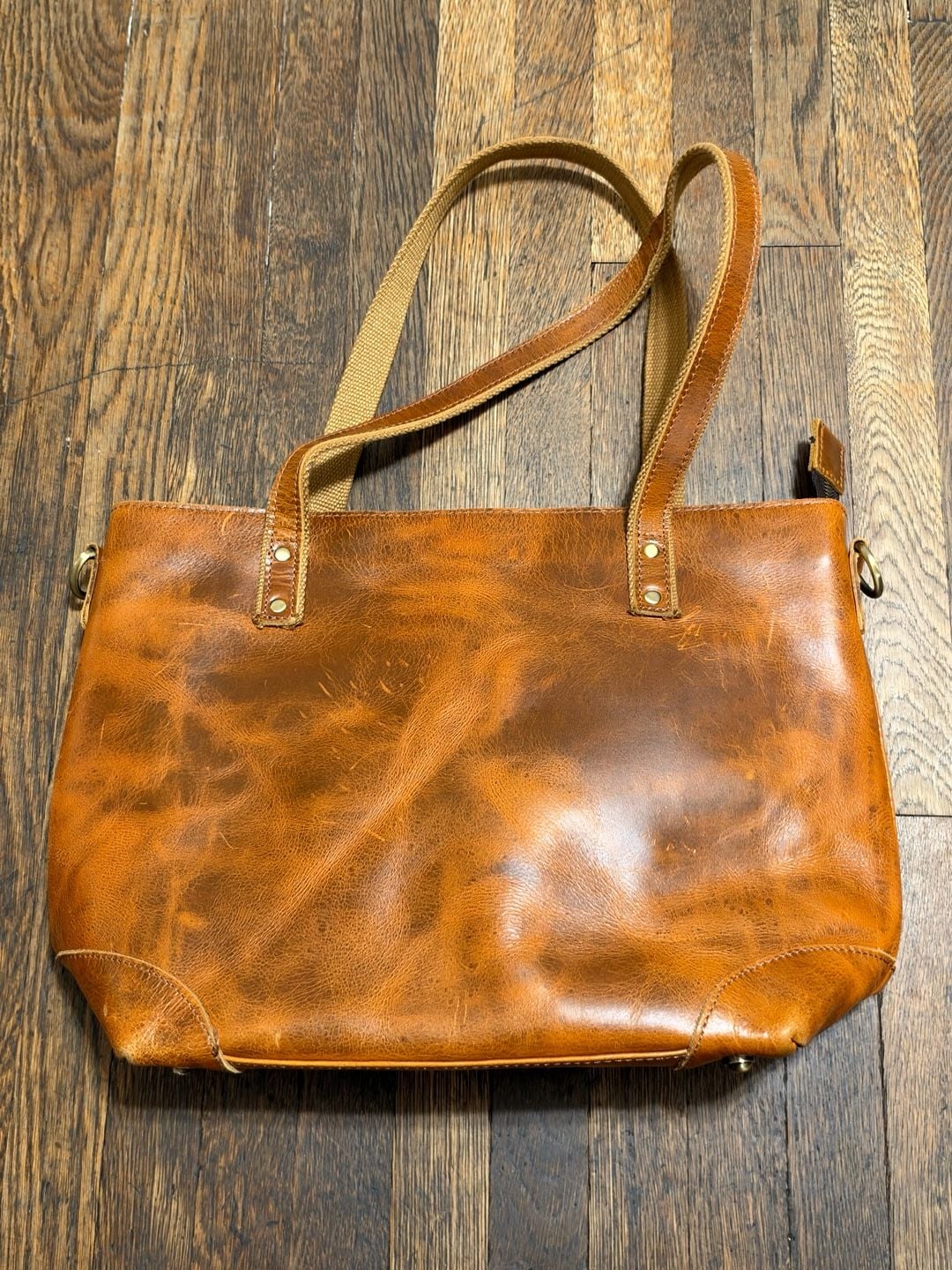 Distressed Brown Leather Tote Bag with Canvas Straps and Zipper Boho 2