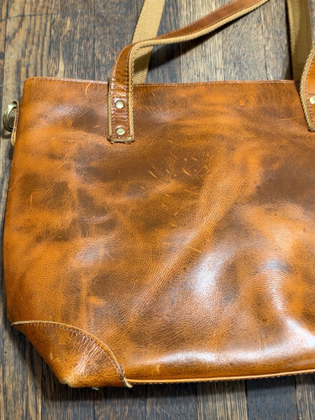 Distressed Brown Leather Tote Bag with Canvas Straps and Zipper Boho 3