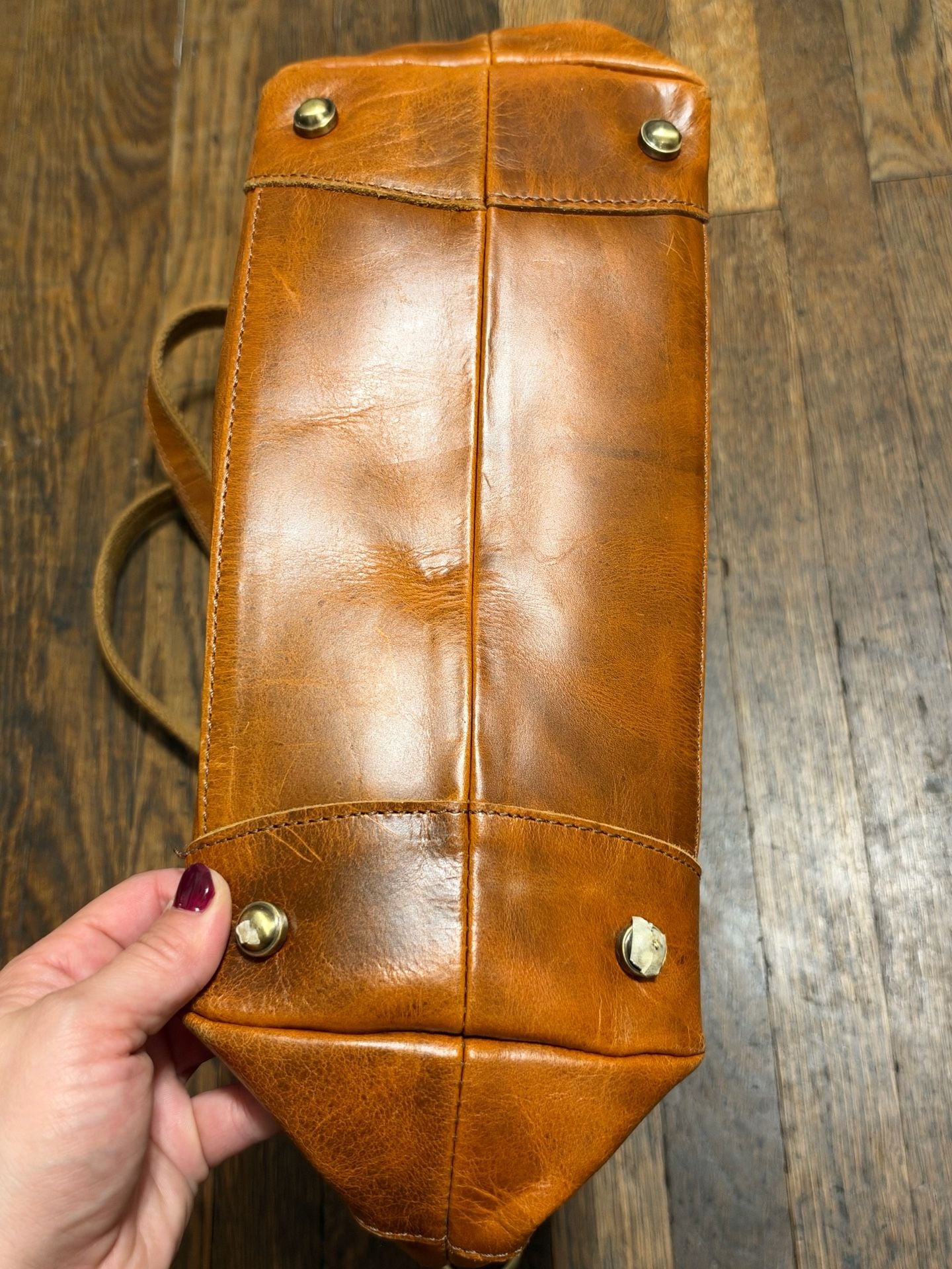 Distressed Brown Leather Tote Bag with Canvas Straps and Zipper Boho 4