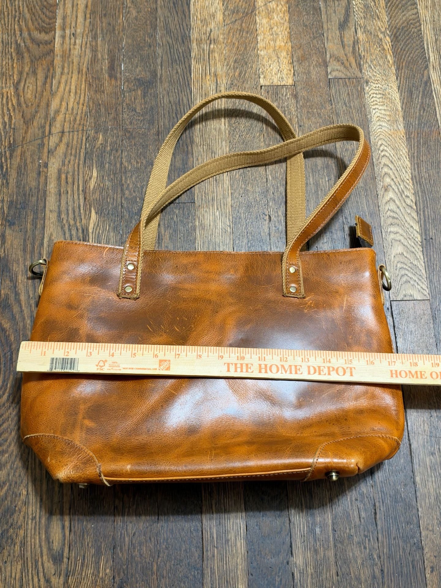 Distressed Brown Leather Tote Bag with Canvas Straps and Zipper Boho 6