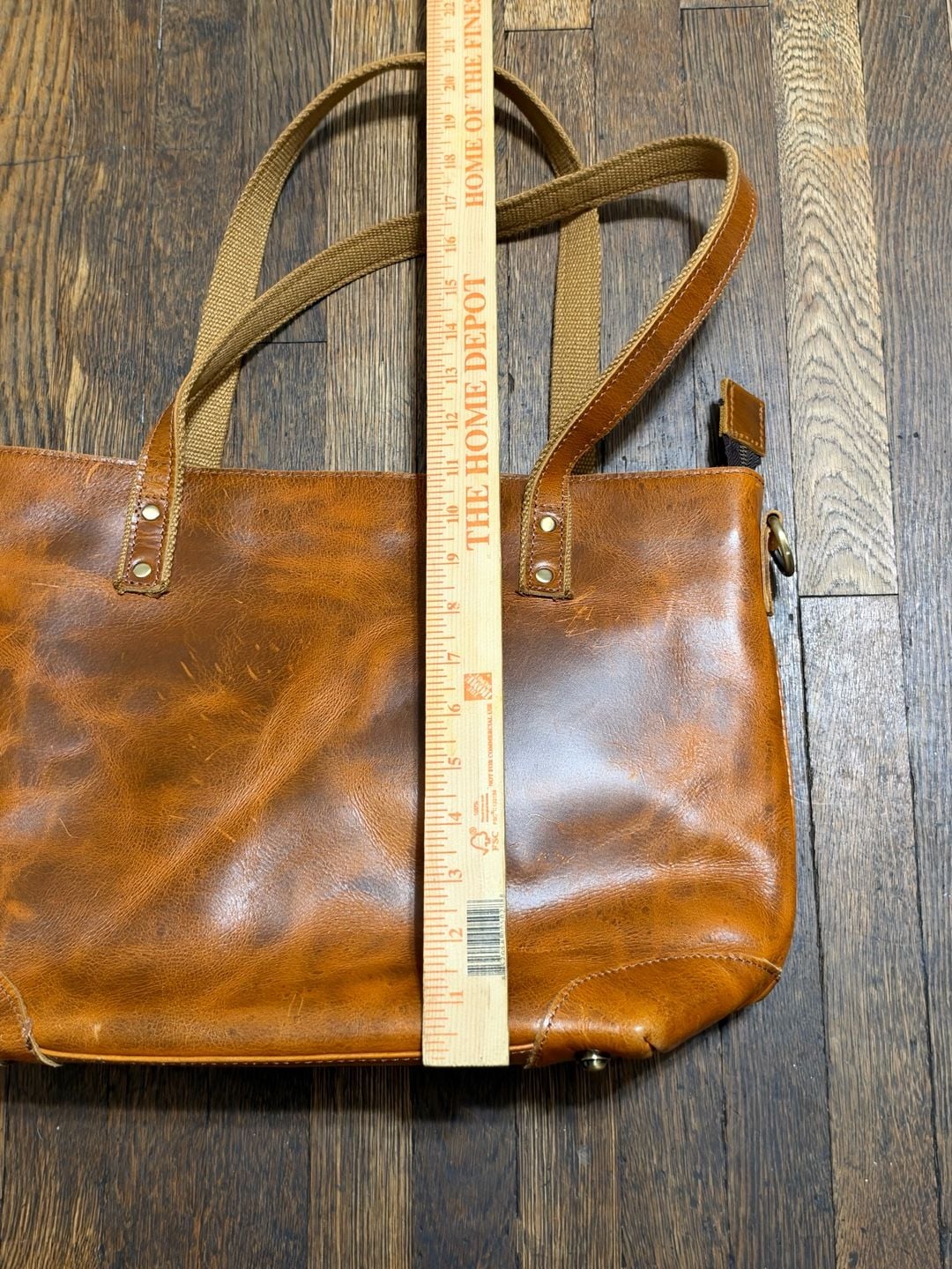 Distressed Brown Leather Tote Bag with Canvas Straps and Zipper Boho 7