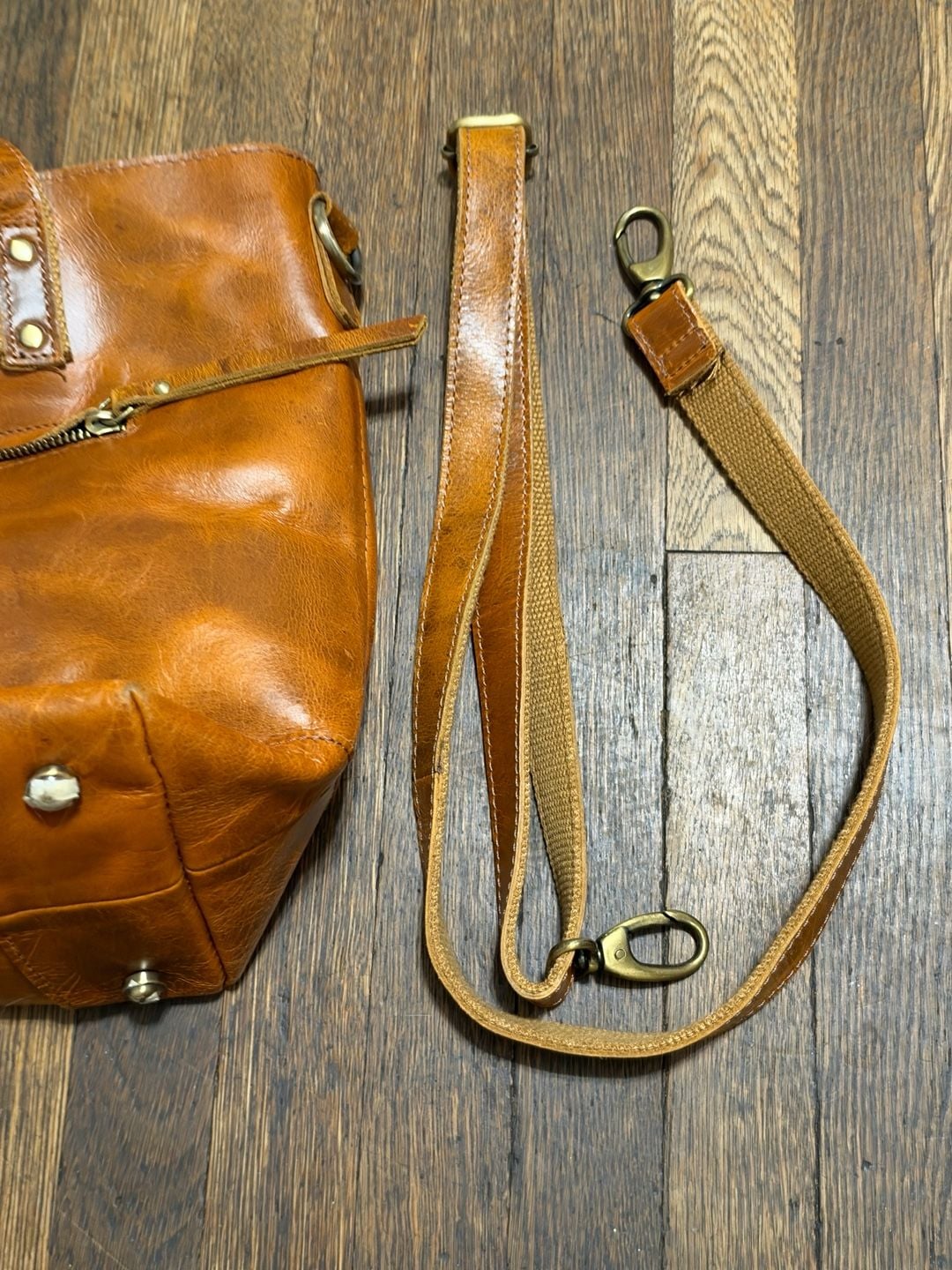 Distressed Brown Leather Tote Bag with Canvas Straps and Zipper Boho 8