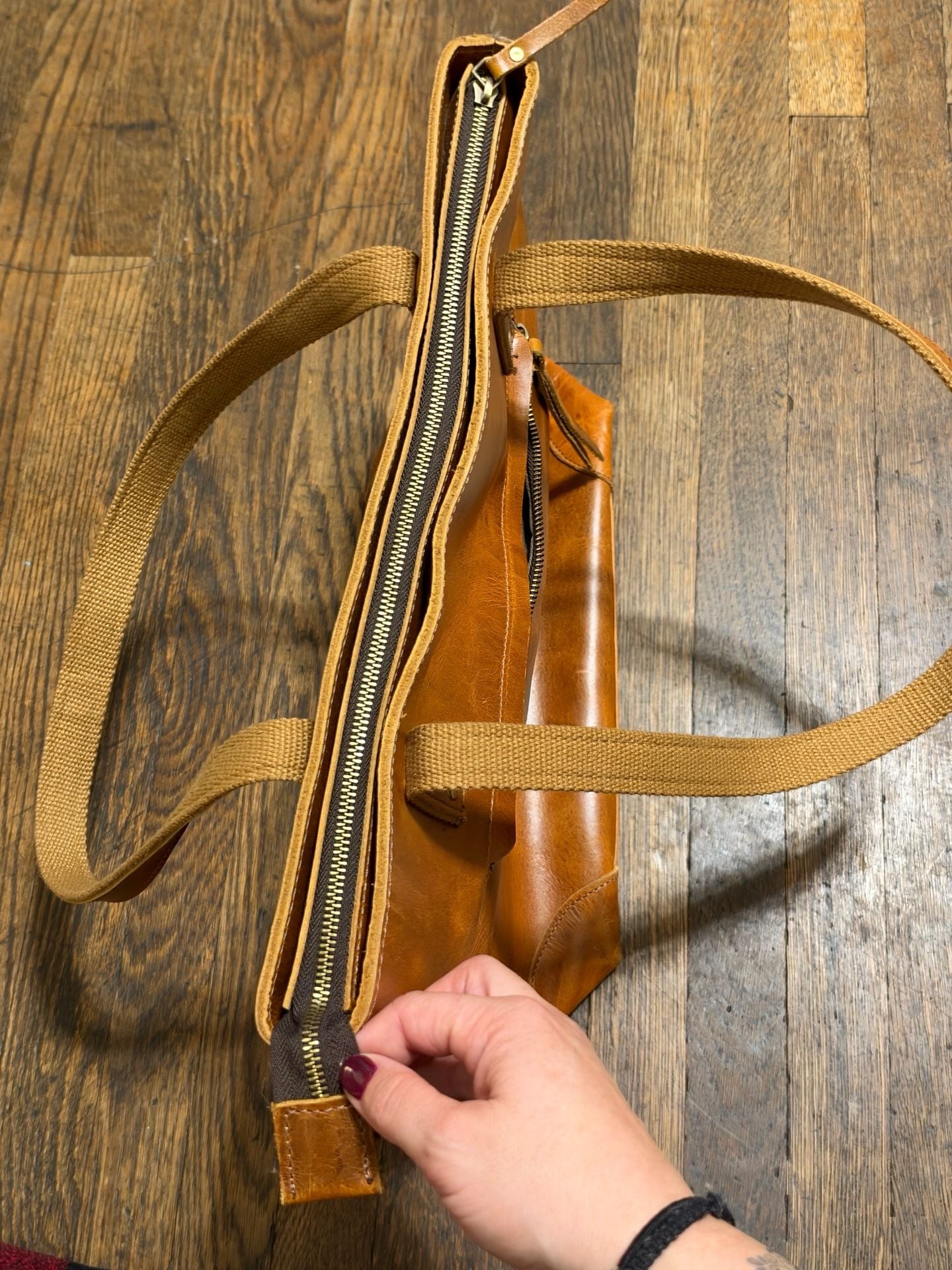 Distressed Brown Leather Tote Bag with Canvas Straps and Zipper Boho 9