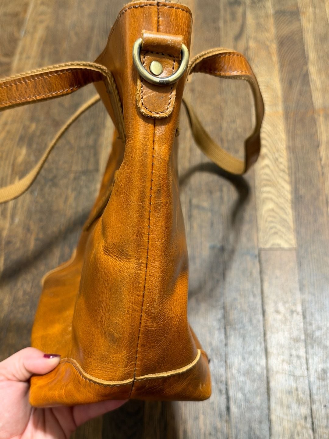 Distressed Brown Leather Tote Bag with Canvas Straps and Zipper Boho 11