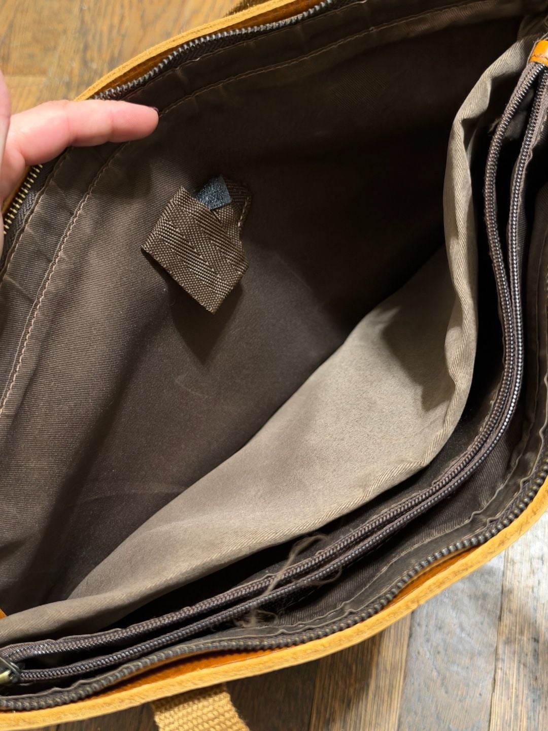 Distressed Brown Leather Tote Bag with Canvas Straps and Zipper Boho 12