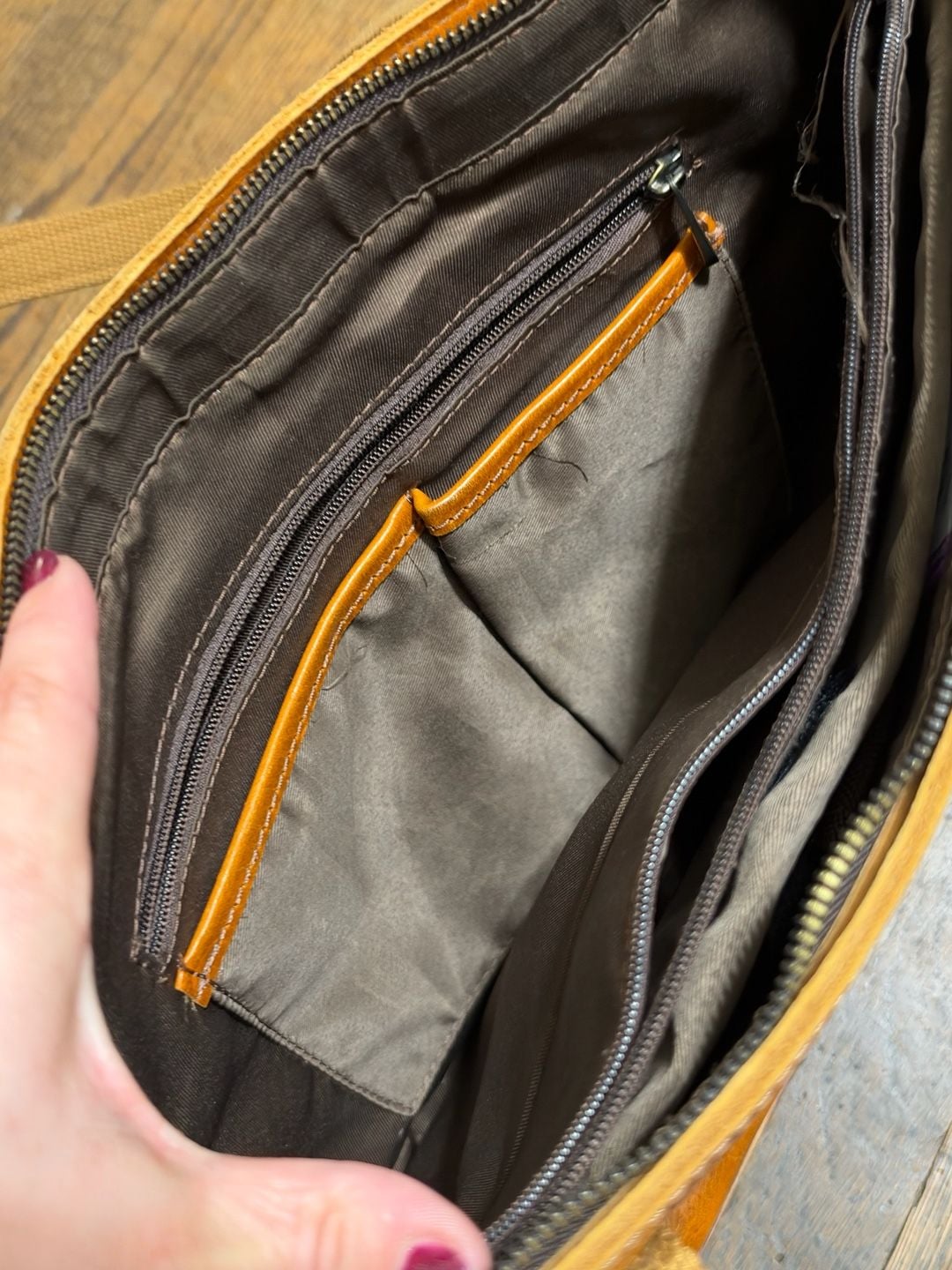 Distressed Brown Leather Tote Bag with Canvas Straps and Zipper Boho 14