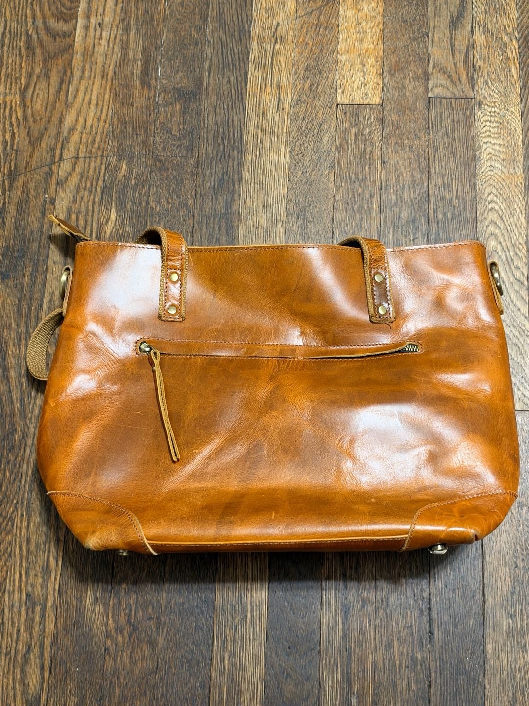 Distressed Brown Leather Tote Bag with Canvas Straps and Zipper Boho 16