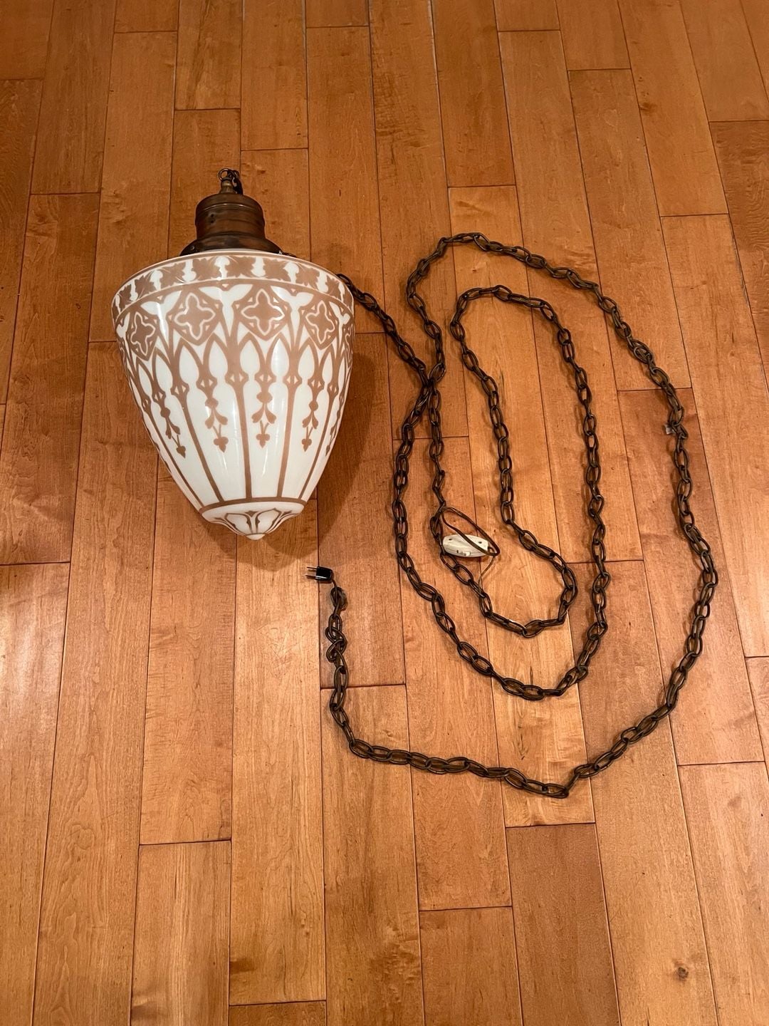 Vintage Art Deco Hanging Swag Lamp White Glass Chain 1
