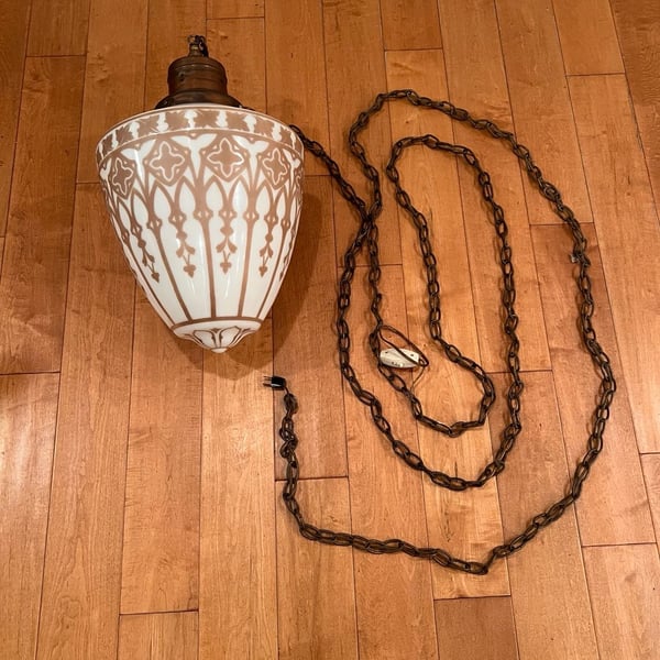 Vintage Art Deco Hanging Swag Lamp White Glass Chain